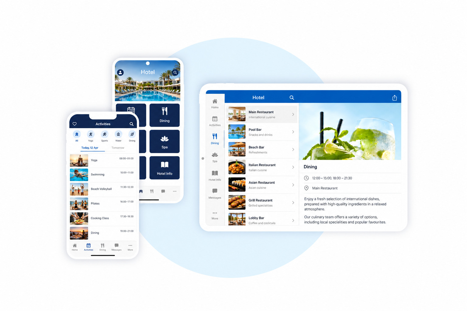 Illustrative hotel guest apps on smartphones and a tablet