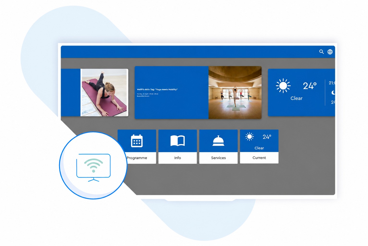 Hotel Smart TV interface with activities, information, services and weather