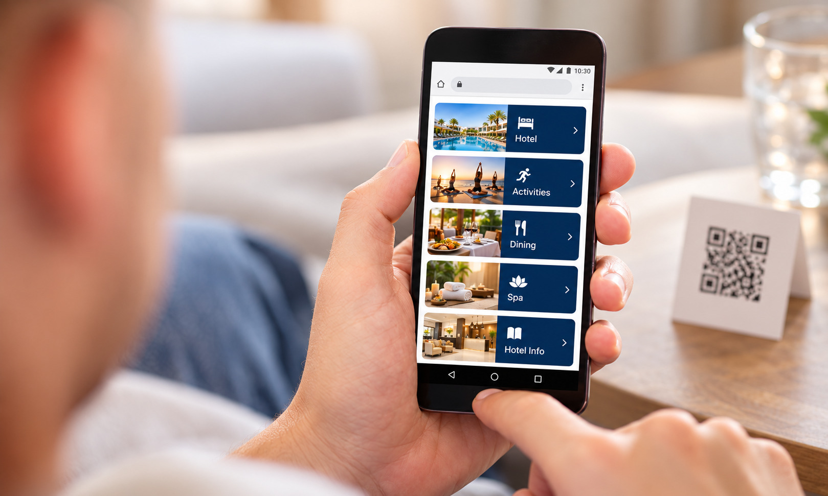 Illustrative hotel web app on a smartphone with QR-code access