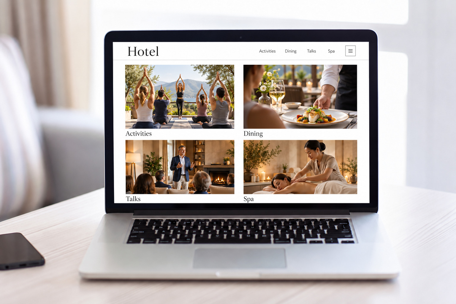 Illustrative hotel website showing activities, dining, talks and spa experiences on a laptop
